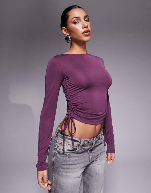 【送料無料】 エイソス レディース シャツ トップス ASOS DESIGN soft handle long sleeve top with ruched sides in burgundy Wine