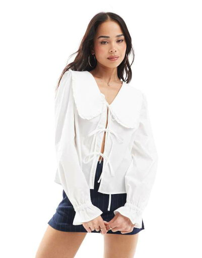 【送料無料】 ピーシーズ レディース シャツ トップス Pieces tie front frill collar detail poplin top in white Cloud Dancer 【送料無料】 ピーシーズ レディース シャツ トップス Pieces tie front frill collar detail poplin top in white Cloud Dancer