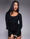 【送料無料】 エイソス レディース Tシャツ トップス ASOS DESIGN scoop neck long sleeve top with peplum hem in black Black