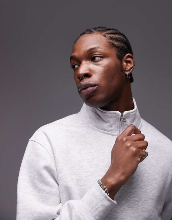 ȥåץޥ   ѡå å  Topman 1/4 zip sweatshirt in ice gray heather ICE GRAY HEATHER 졼