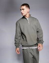 【送料無料】 エイソス メンズ パーカー・スウェット アウター ASOS DESIGN premium heavyweight oversized quarter zip sweatshirt in khaki SMOKEY OLIVE(4)