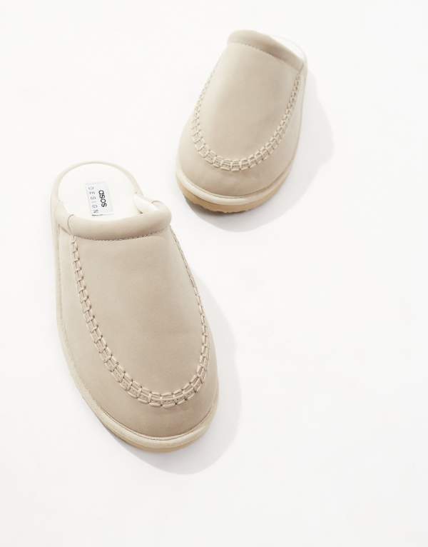 【送料無料】 エイソス メンズ サンダル シューズ ASOS DESIGN slippers in stone faux suede with chunky sole Stone