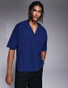 【送料無料】 エイソス メンズ ポロシャツ トップス ASOS DESIGN oversized textured revere collar polo shirt in navy Medieval Blue(4)