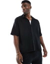 【送料無料】 ベルシュカ メンズ シャツ トップス Bershka textured camp collar shirt in black - part of a set Black(4)