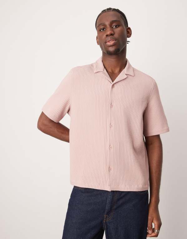 ̵    ȥåץ ASOS DESIGN camp collar boxy plisse shirt in ...