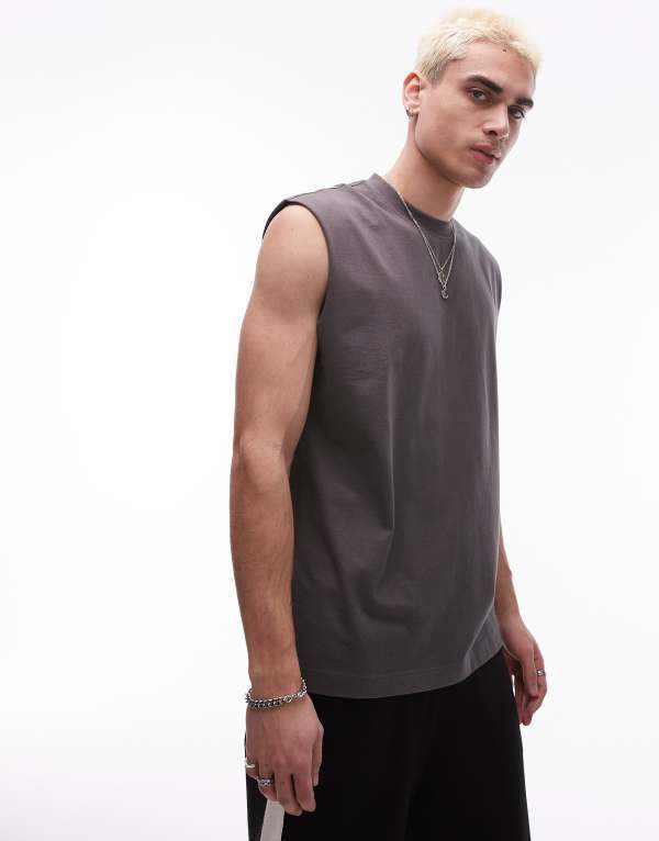 ̵ ȥåץޥ  ٥ ȥåץ Topman oversized fit sleeveless T-shirt in g...