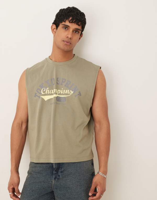̵   ٥ ȥåץ ASOS DESIGN boxy oversized tank in light gree...
