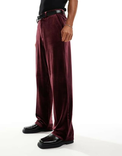 【送料無料】 エイソス メンズ カジュアルパンツ ボトムス ASOS DESIGN smart wide leg velvet pants in deep burgundy RED 【送料無料】 エイソス メンズ カジュアルパンツ ボトムス ASOS DESIGN smart wide leg velvet pants in deep burgundy RED