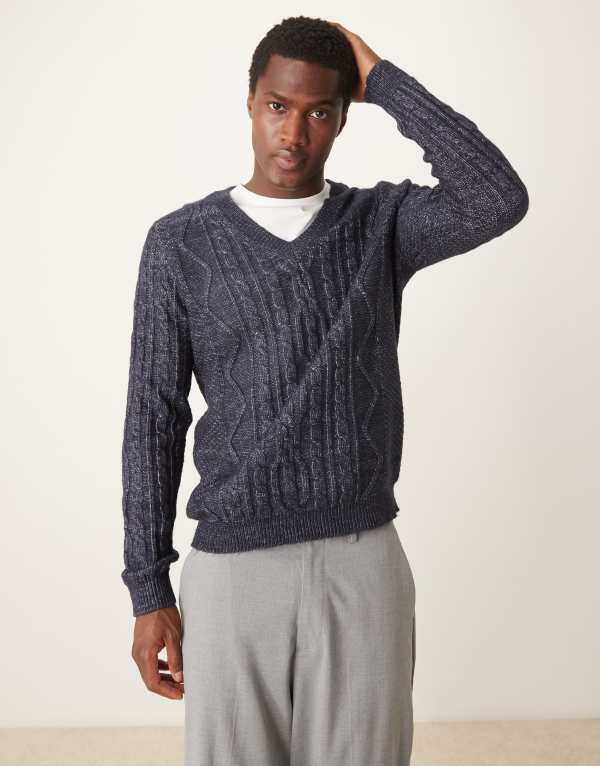 エイソス メンズ アウター ニット・セーター Vネック セーター ニット ASOS DESIGN heavyweight cable knit V-neck sweater NAVY ネイビー