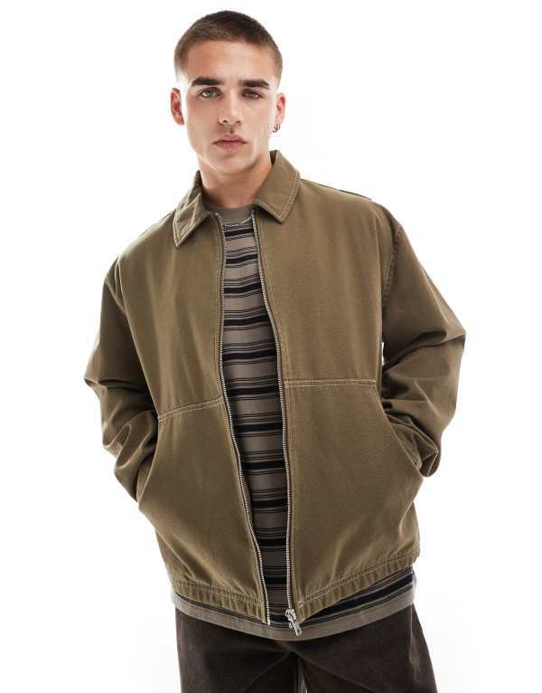 【送料無料】 エイソス メンズ ジャケット・ブルゾン アウター ASOS DESIGN harrington jacket with contrast stitch in brown Mushroom