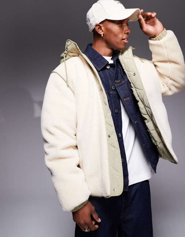 【送料無料】 エイソス メンズ ジャケット・ブルゾン アウター ASOS DESIGN borg hooded jacket in ecru with khaki trims ECRU
