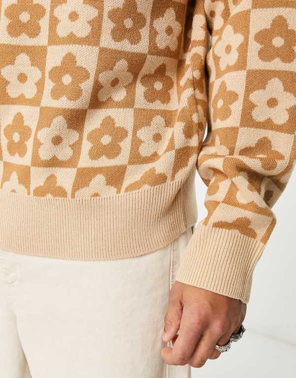 【送料無料】 ジャック アンド ジョーンズ メンズ ニット・セーター アウター Jack & Jones oversized jacquard floral checkerboard sweater in beige Woodsmoke