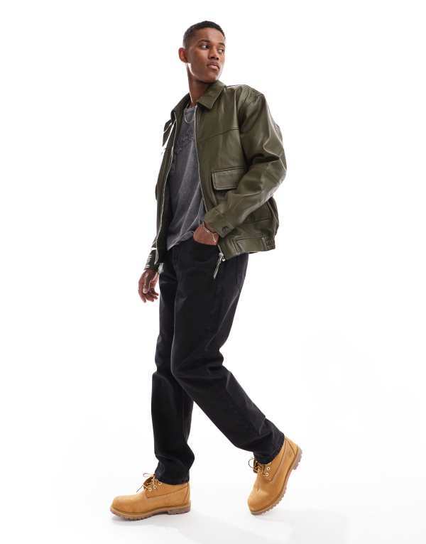 【送料無料】 エイソス メンズ ジャケット・ブルゾン アウター ASOS DESIGN oversized real leather bomber jacket in khaki GREEN
