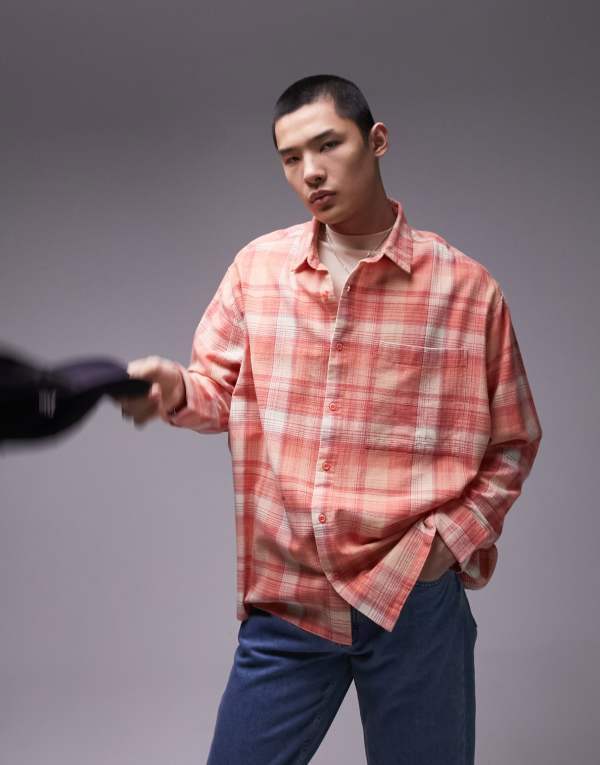 ̵ ȥåץޥ   ȥåץ Topman long sleeve relaxed plaid shirt in pi...