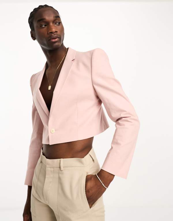 ̵   㥱åȡ֥륾  ASOS DESIGN cropped linen mix blazer w...