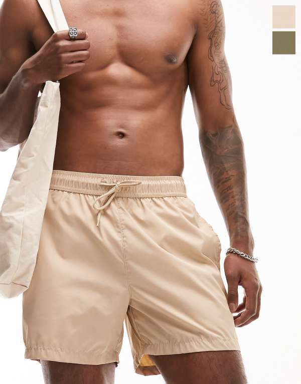 【送料無料】 トップマン メンズ ハーフパンツ・ショーツ 水着 Topman 2 pack swim shorts in stone and khaki Stone & khaki