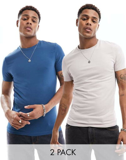 【送料無料】 エイソス メンズ Tシャツ トップス ASOS DESIGN 2 pack muscle fit t-shirts in gray and blue Multi 【送料無料】 エイソス メンズ Tシャツ トップス ASOS DESIGN 2 pack muscle fit t-shirts in gray and blue Multi