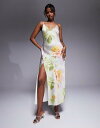 【送料無料】 エイソス レディース ワンピース トップス ASOS DESIGN satin V-neck seam detail midaxi dress with slit in green floral print Green floral print(4)