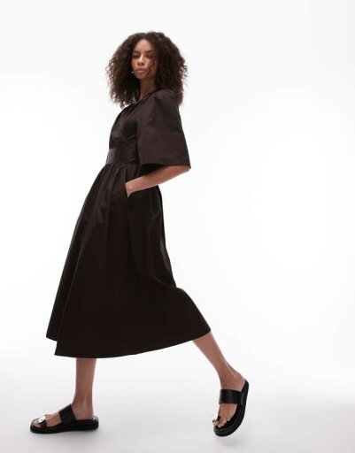 【送料無料】 アンドアザーストーリーズ レディース ワンピース トップス & Other Stories poplin midaxi dress with wrap front and puff sleeves in brown BROWN 【送料無料】 アンドアザーストーリーズ レディース ワンピース トップス & Other Stories poplin midaxi dress with wrap front and puff sleeves in brown BROWN
