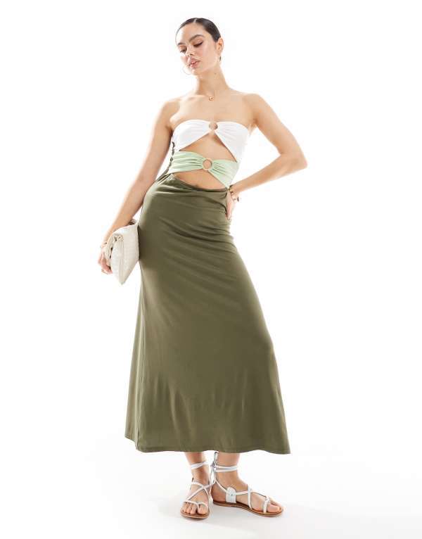 【送料無料】 エイソス レディース ワンピース トップス ASOS DESIGN cut-out tonal ring detail midi dress with ruching in khaki Khaki