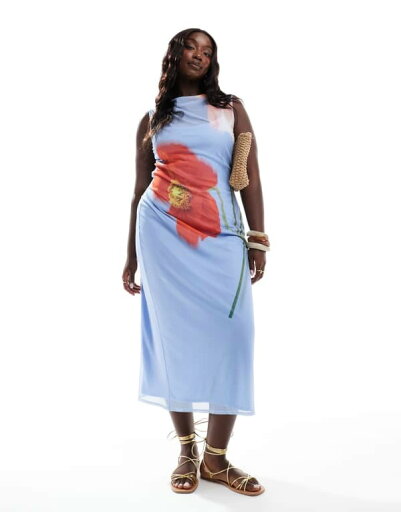 【送料無料】 エイソス レディース ワンピース トップス ASOS DESIGN Curve sleeveless mesh midaxi dress with floral placement print in blue BLUE 【送料無料】 エイソス レディース ワンピース トップス ASOS DESIGN Curve sleeveless mesh midaxi dress with floral placement print in blue BLUE