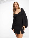 【送料無料】 エイソス レディース ワンピース トップス ASOS DESIGN flared sleeve mini tea dress in black B...