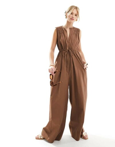 【送料無料】 エイソス レディース ジャンプスーツ トップス ASOS DESIGN shirred shoulder tie waist wide leg jumpsuit in chocolate Chocolate 【送料無料】 エイソス レディース ジャンプスーツ トップス ASOS DESIGN shirred shoulder tie waist wide leg jumpsuit in chocolate Chocolate