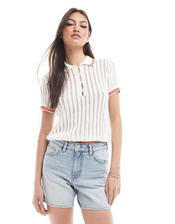 モンキ レディース アウター ニット・セーター ポロシャツ ニット Monki knit polo top with stitch de..