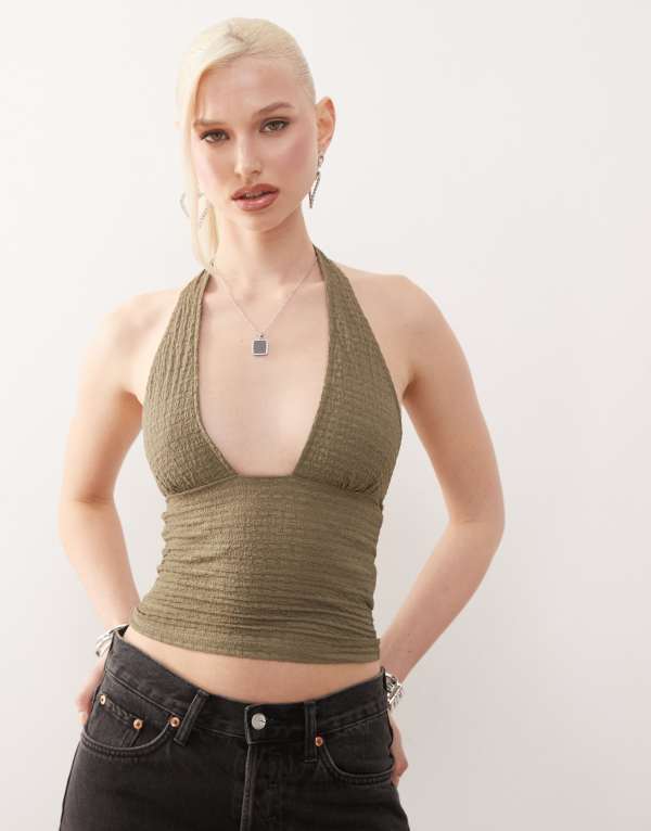 モーテル レディース トップス タンクトップ ホルター Motel Cosimo textured halter top Khaki カーキ