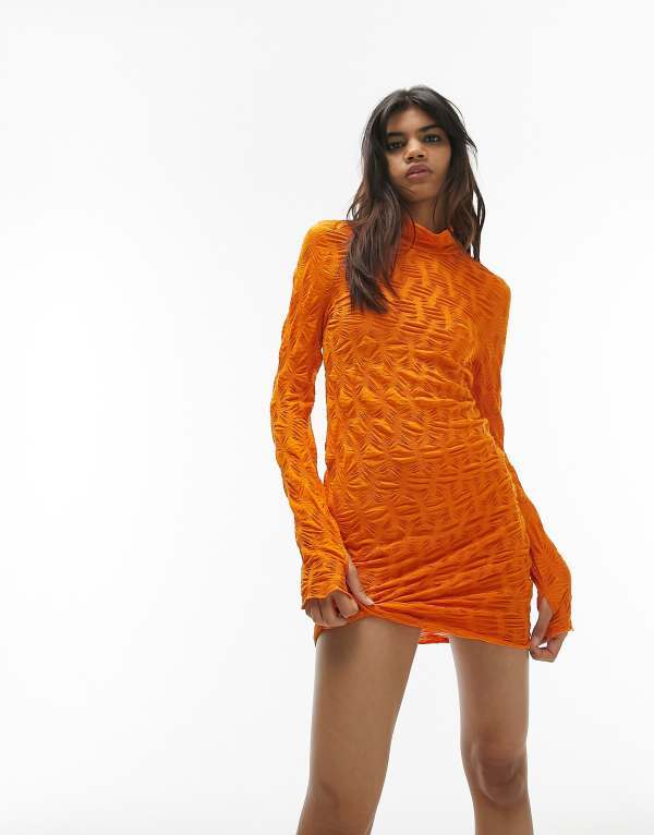 【送料無料】 トップショップ レディース ワンピース トップス Topshop textured jersey long sleeve mini dress in orange ORANGE