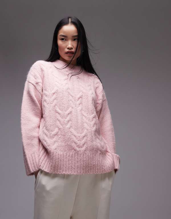 【送料無料】 トップショップ レディース ニット・セーター アウター Topshop knitted fluffy oversized cable sweater in pink pink