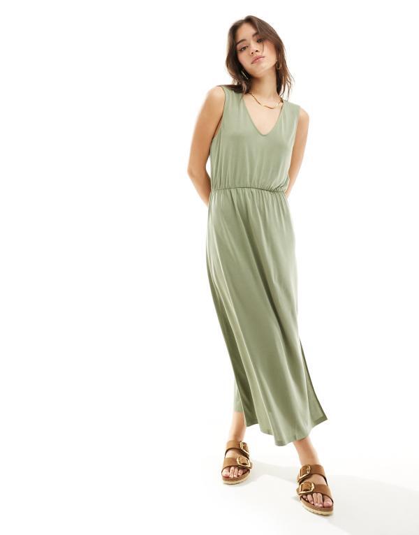 【送料無料】 ヴィラ レディース ワンピース トップス Vila slinky v neck midi dress in green Oil green