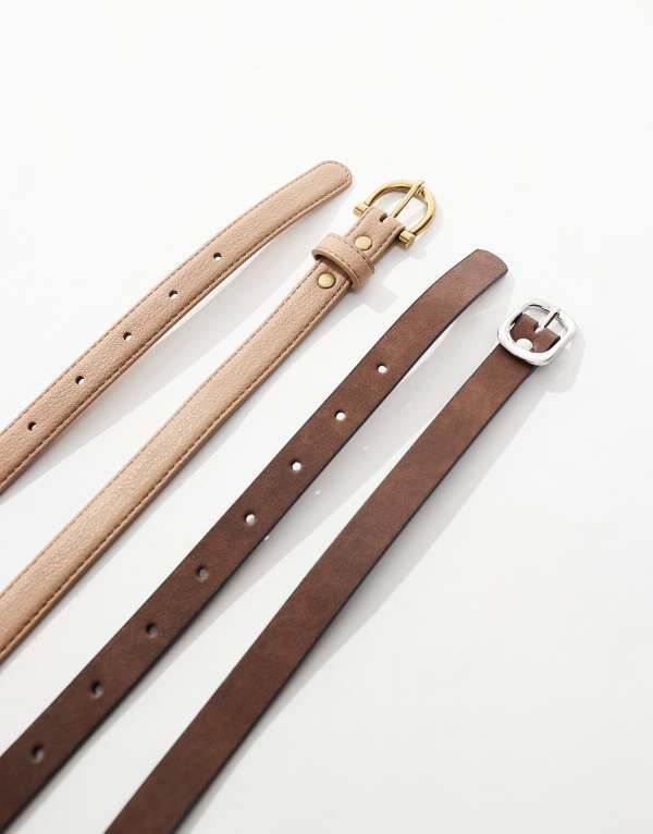 【送料無料】 エイソス レディース ベルト アクセサリー ASOS DESIGN CURVE 2-pack skinny waist and hip jeans belts in tan and beige Multi