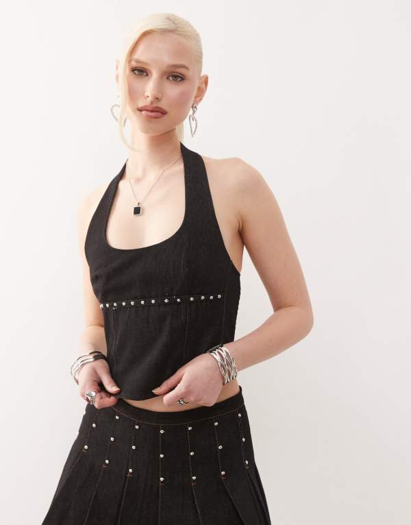 モーテル レディース トップス タンクトップ ホルター Motel nasya studded halter top in washed blac..