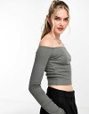 【送料無料】 プルアンドベアー レディース シャツ トップス Pull&Bear long sleeved ribbed bardot top in dark gray Gray(4)