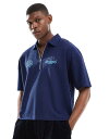 【送料無料】 エイソス メンズ ポロシャツ トップス ASOS DESIGN heavyweight boxy oversized dropped shoulder polo in waffle texture with embroidery in navy Medieval Blue