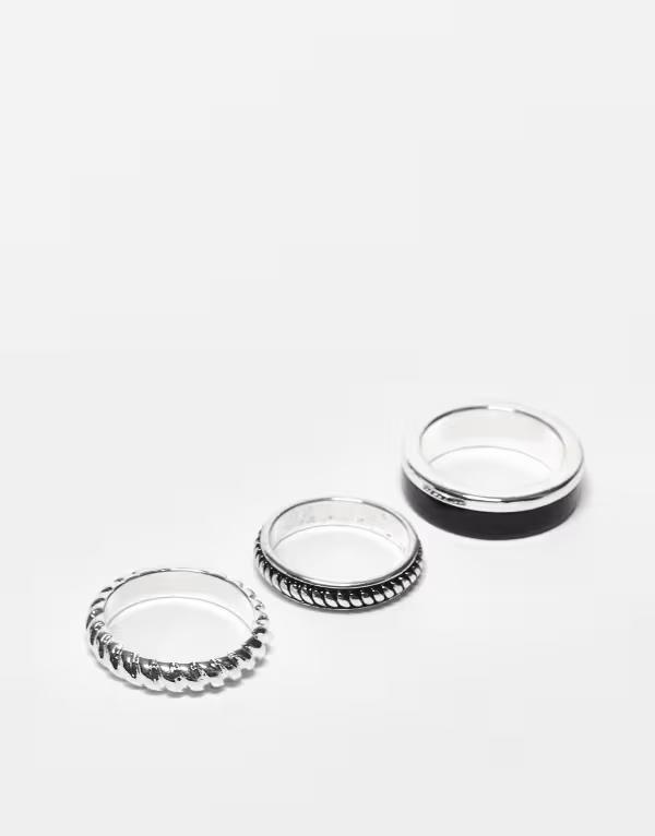 エイソス メンズ アクセサリー リング ASOS DESIGN festival 3 pack rings with black enamel and texture tone SILVER シルバー(4)