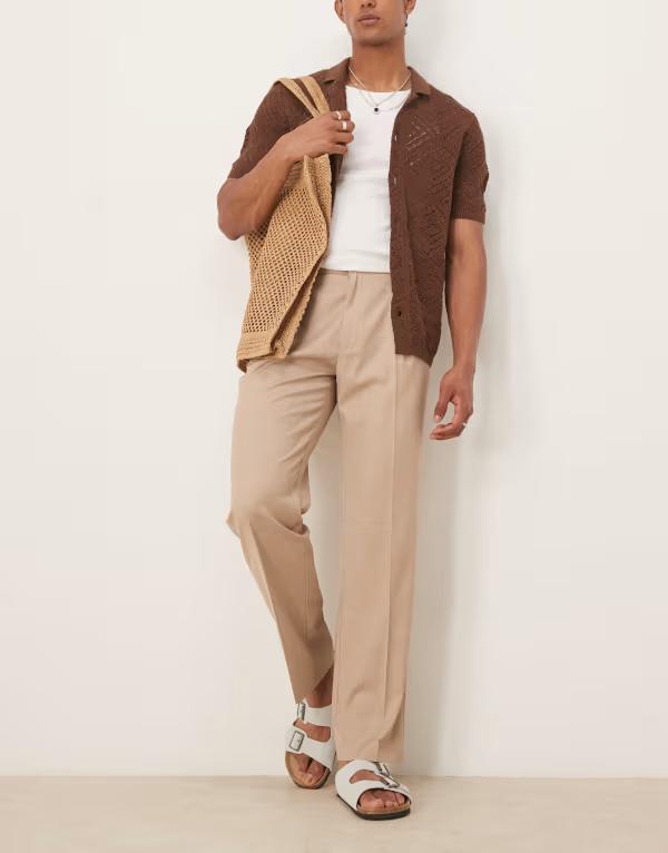楽天ReVida 楽天市場店【送料無料】 エイソス メンズ カジュアルパンツ ボトムス ASOS DESIGN smart straight leg pants with side adjusters in stone linen-look with front pleat NEUTRAL