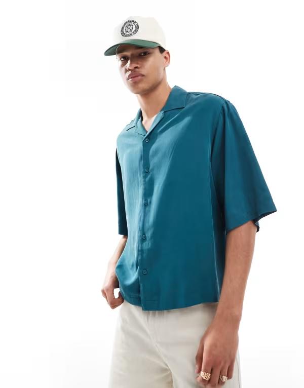 【送料無料】 エイソス メンズ シャツ トップス ASOS DESIGN oversized camp collar boxy shirt in teal Deep teal