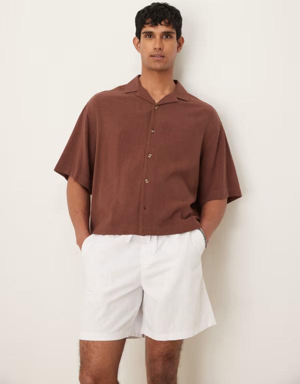 エイソス メンズ トップス シャツ リネン ASOS DESIGN boxy oversized revere linen blend shirt BROWN..