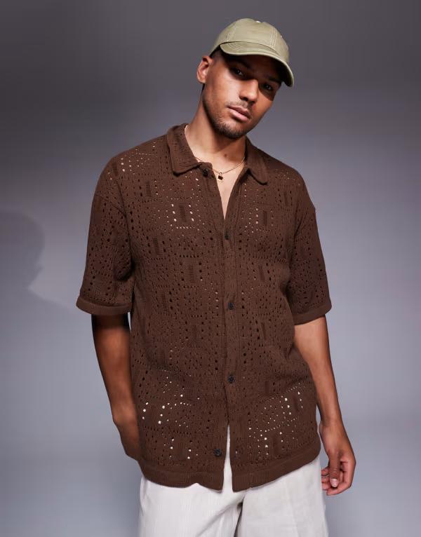 アダプト メンズ トップス シャツ ニット ADPT knit crochet shirt in dark Brandy brown ブラウン