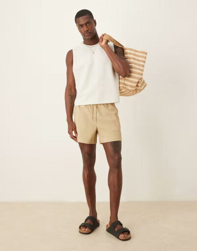 【送料無料】 エイソス メンズ ハーフパンツ・ショーツ ボトムス ASOS DESIGN shorter length waffle shorts in beige BEIGE