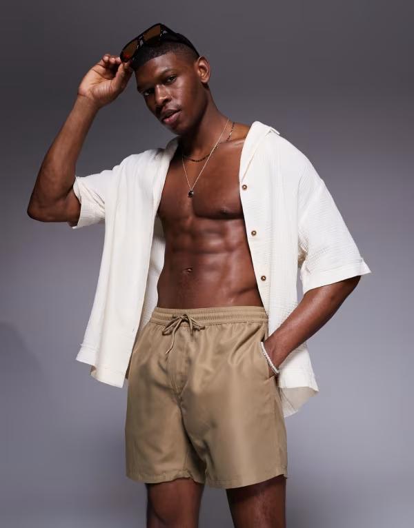 【送料無料】 エイソス メンズ ハーフパンツ・ショーツ 水着 ASOS DESIGN swim shorts in mid length in dark stone Dark stone