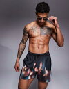【送料無料】 エイソス メンズ ハーフパンツ・ショーツ 水着 ASOS DESIGN swims shorts in short length with blurred photographic print in black Black(4)