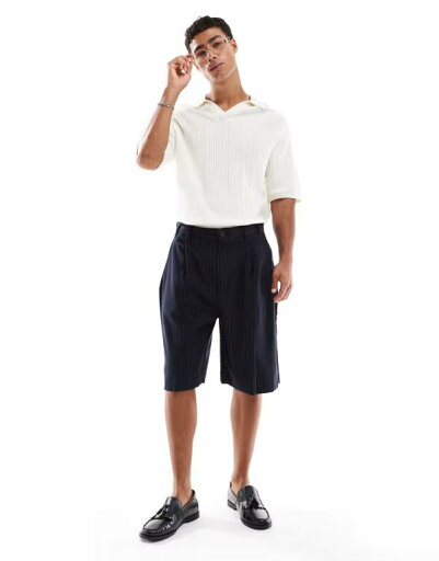 【送料無料】 プルアンドベアー メンズ ハーフパンツ・ショーツ ボトムス Pull&Bear tailored dress shorts in navy stripes NAVY 【送料無料】 プルアンドベアー メンズ ハーフパンツ・ショーツ ボトムス Pull&Bear tailored dress shorts in navy stripes NAVY