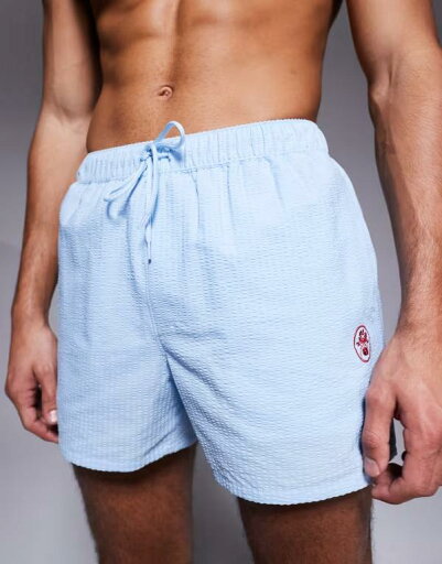 【送料無料】 エイソス メンズ ハーフパンツ・ショーツ 水着 ASOS DESIGN seersucker swim shorts in short length with embroidery BLUE 【送料無料】 エイソス メンズ ハーフパンツ・ショーツ 水着 ASOS DESIGN seersucker swim shorts in short length with embroidery BLUE