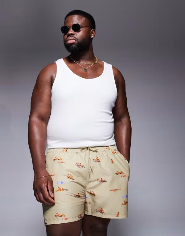 エイソス メンズ 水着 ハーフパンツ・ショーツ プリント ショートパンツ ASOS DESIGN swim shorts in short length with beach print in stone STONE ストーン