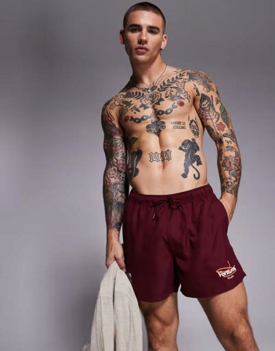 【送料無料】 エイソス メンズ ハーフパンツ・ショーツ 水着 ASOS DESIGN short length swim shorts with placement print in tan Burgundy 【送料無料】 エイソス メンズ ハーフパンツ・ショーツ 水着 ASOS DESIGN short length swim shorts with placement print in tan Burgundy