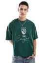 【送料無料】 エイソス メンズ Tシャツ トップス ASOS DESIGN heavyweight boxy oversized T-shirt with dropped shoulder in waffle with embroidery in green Trekking green