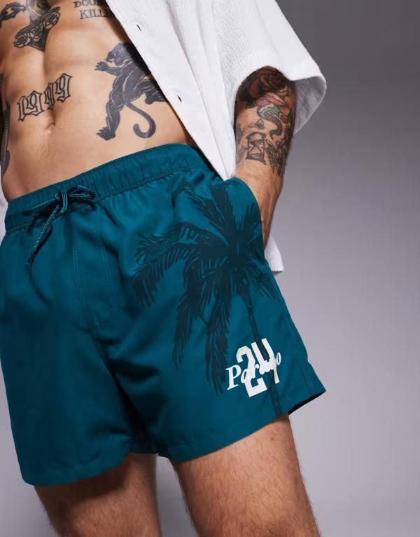 【送料無料】 エイソス メンズ ハーフパンツ・ショーツ 水着 ASOS DESIGN swim shorts in short length in green GREEN